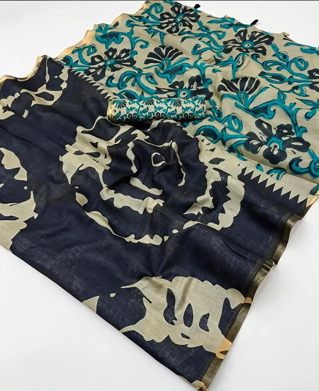 Linen Cotton All-Over Printed Contrast Pallu Saree